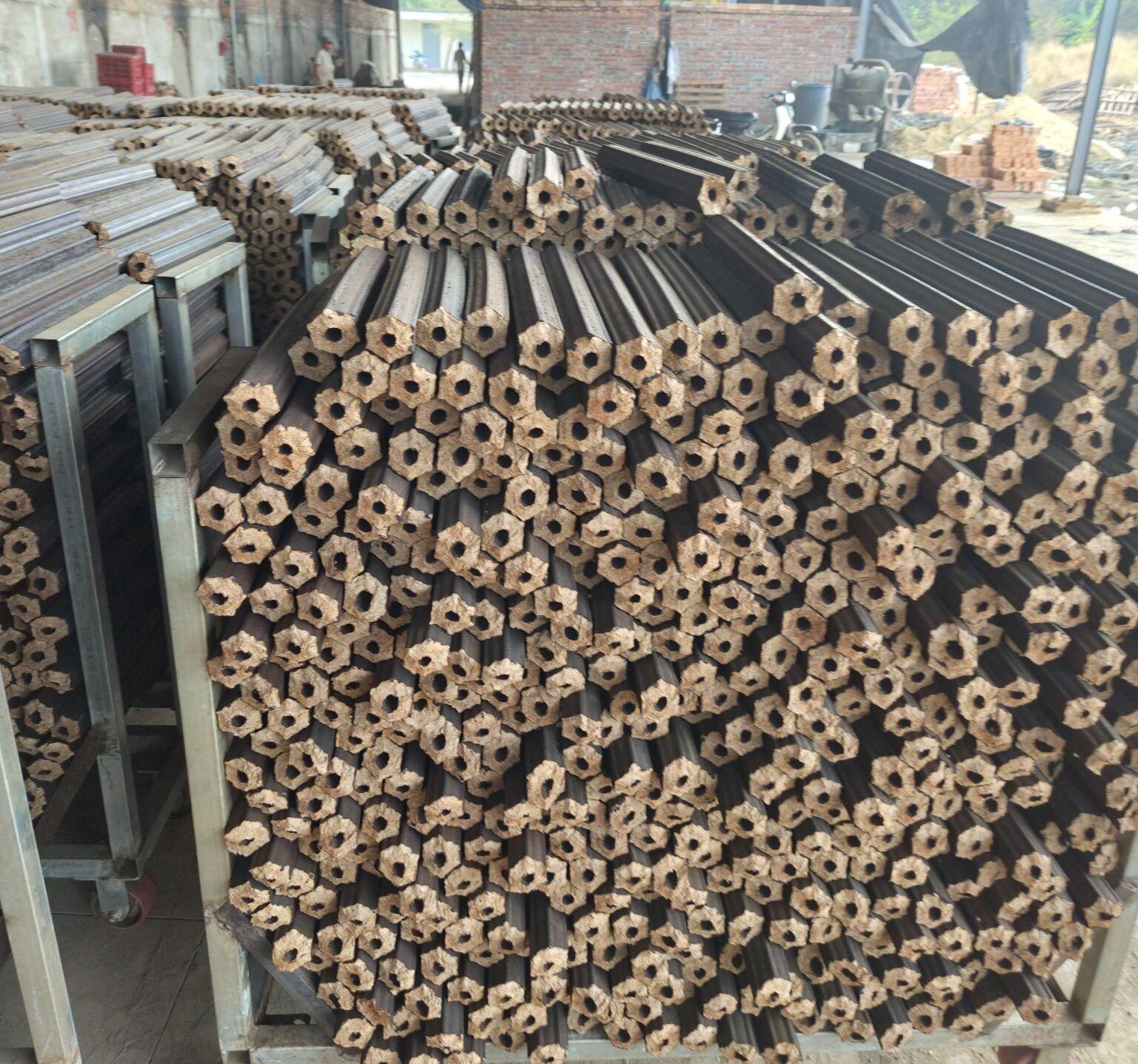 Hexagonal sawdust briquettes before carbonization