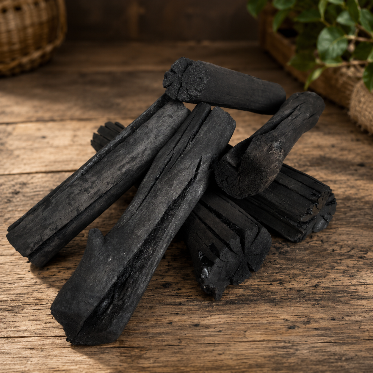 Premium natural mangrove charcoal lumps with a solid, silver-black structure
