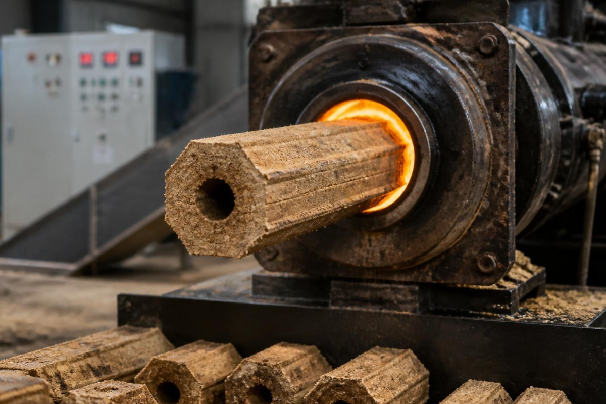 The 4-Step Sawdust Charcoal Manufacturing Process: From Drying to Carbonization 1 Sawdust charcoal extrusion process showing hexagonal wood briquettes with a central hole extruded from a high-pressure machine
