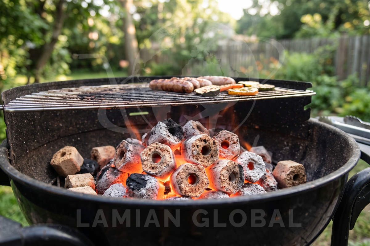 Glowing hexagonal sawdust charcoal briquettes on a BBQ grill