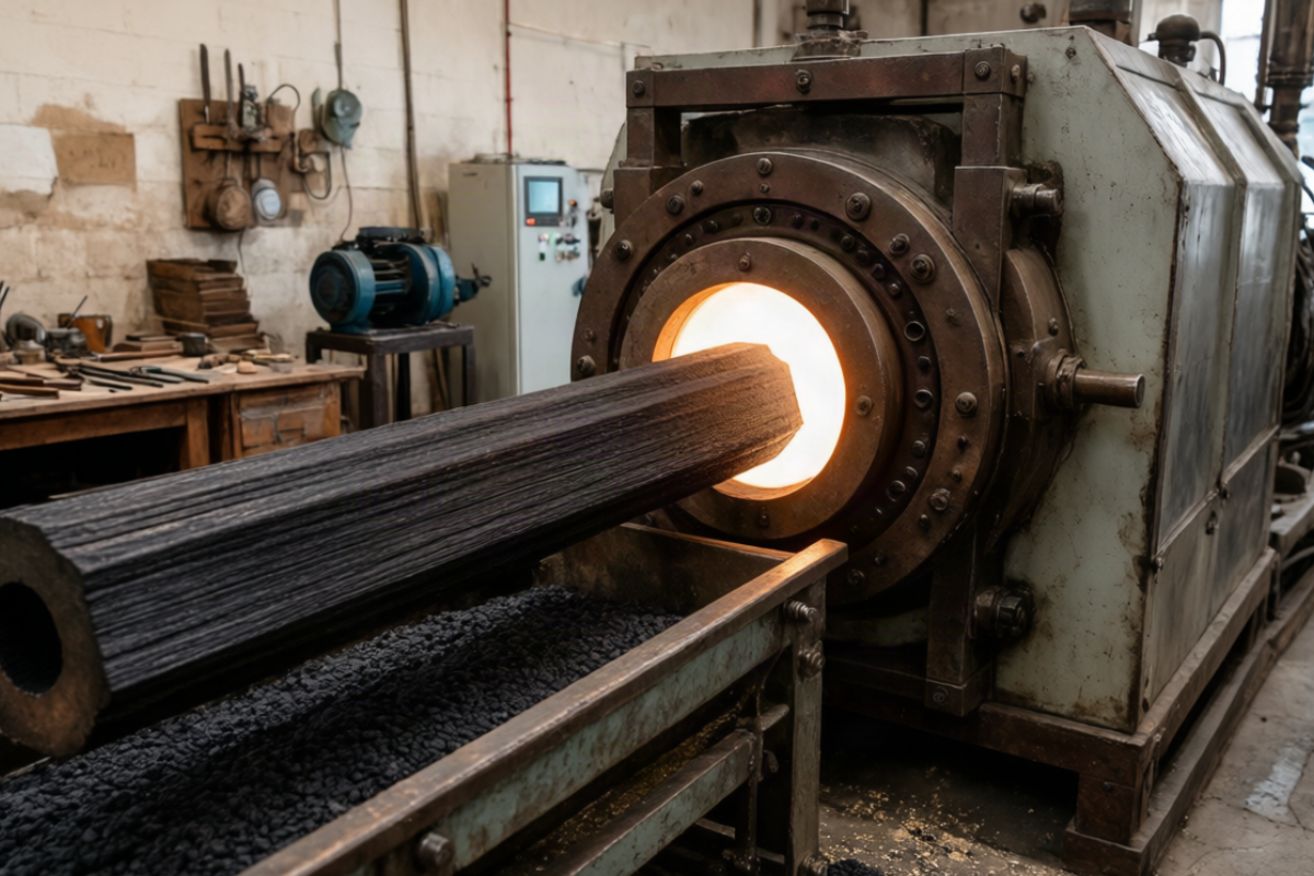 High-pressure thermal extrusion manufacturing process of chemical-free binder free sawdust charcoal logs.