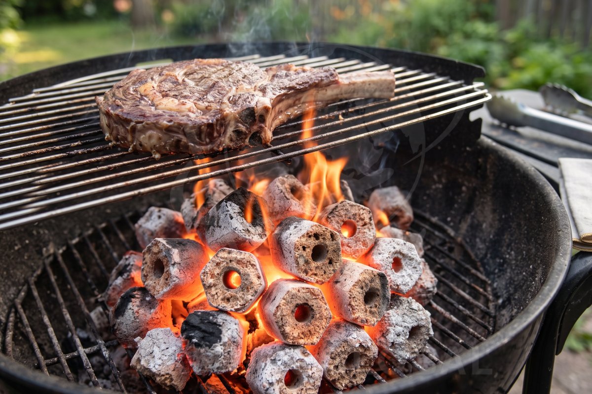 Mastering sawdust charcoal temperature control while grilling steaks over Lamian Global charcoal