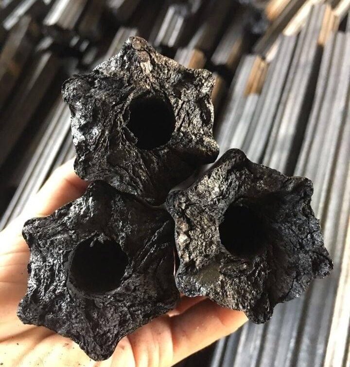 Visual and physical inspection of high-quality sawdust charcoal