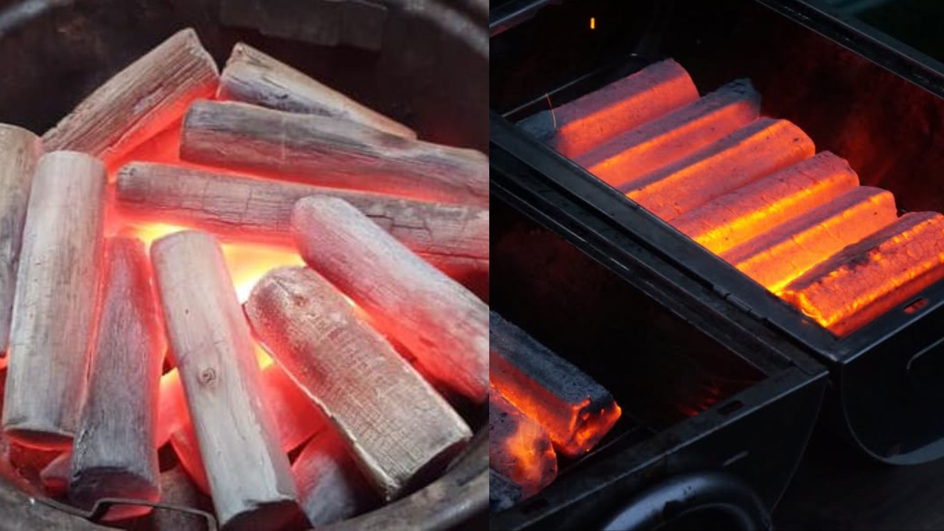 Sawdust Binchotan burning with stable infrared heat and low ash compared to standard sawdust charcoal