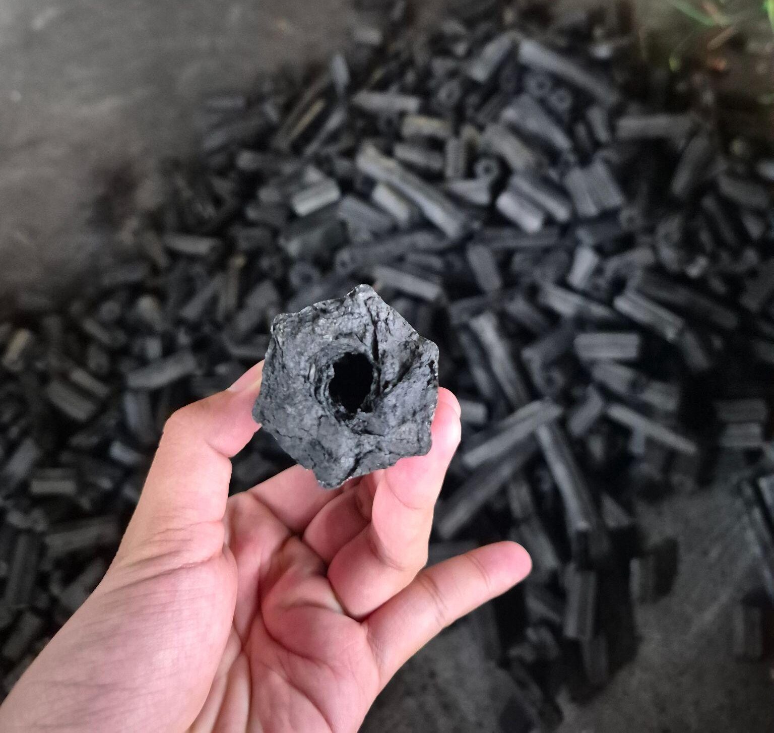 Visual inspection of premium hexagonal sawdust charcoal showing uniform color and smooth surface