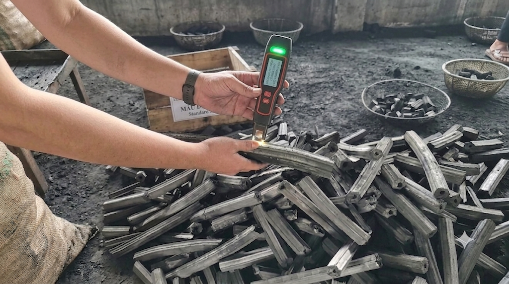 Electrical conductivity test using voltage pen to check fixed carbon content of sawdust charcoal