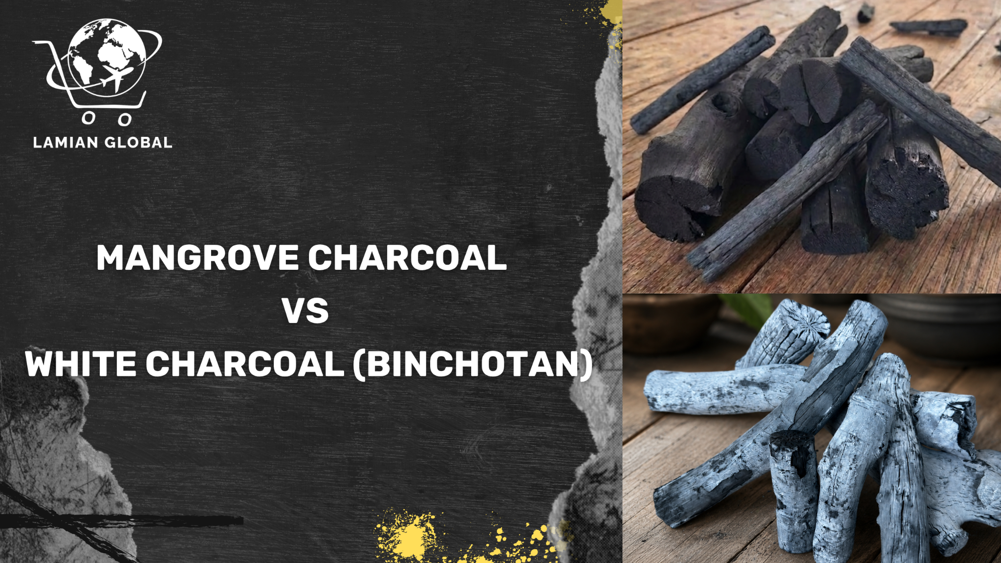 Comparison showing Mangrove Charcoal vs White Charcoal (Binchotan)