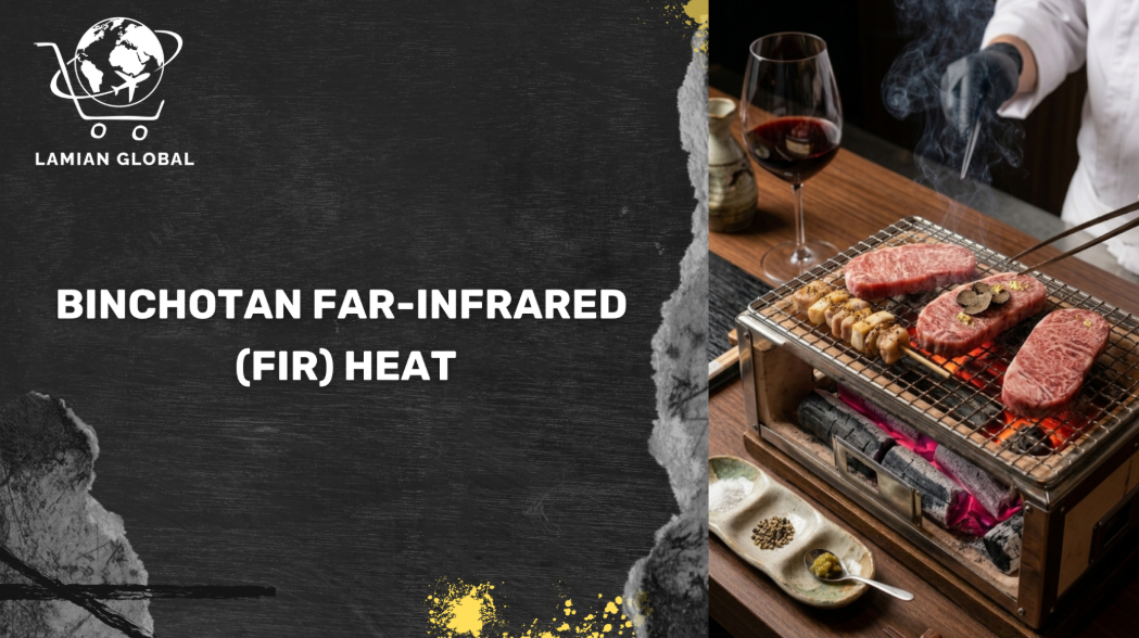 Binchotan far infrared heat searing meat to lock natural juices and flavor