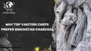 Yakitori skewers grilling over glowing Binchotan charcoal