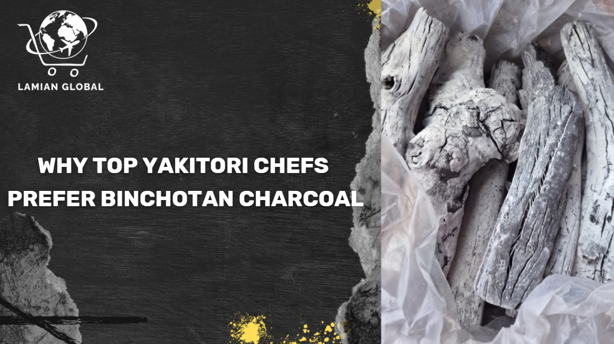 Yakitori skewers grilling over glowing Binchotan charcoal