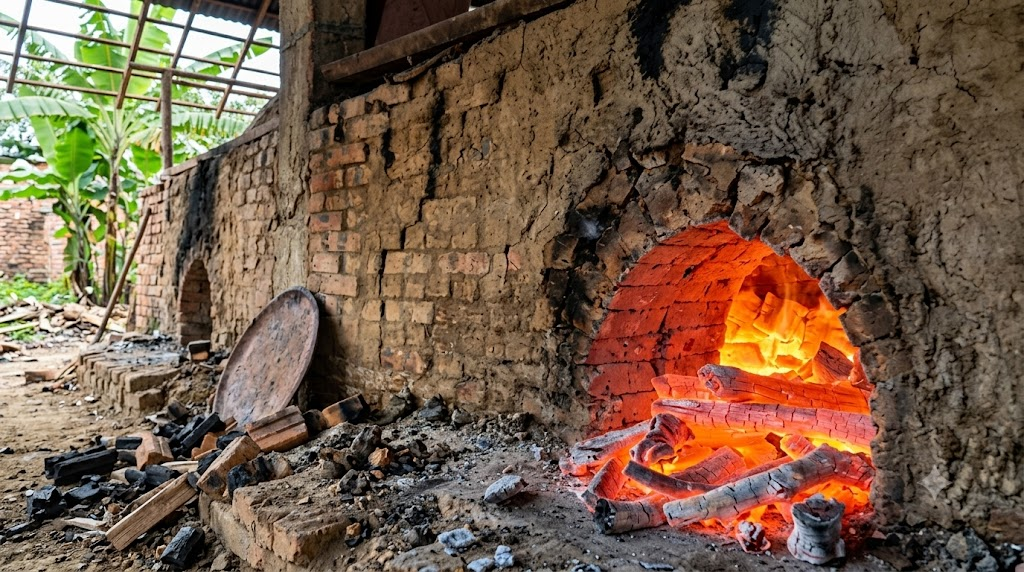 The Process of Raking Red-Hot Binchotan from the Kiln and Rapidly Cooling with Ash Quenching