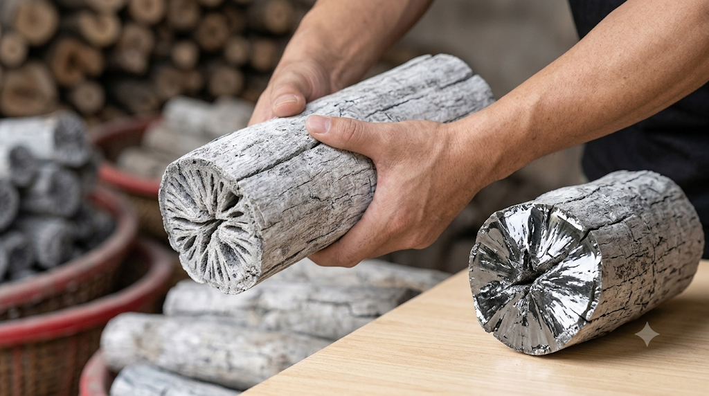 5 Tips to Spot Authentic Binchotan vs Low-Quality Counterfeits 2 Authentic high-quality Binchotan feels noticeably heavy for its size